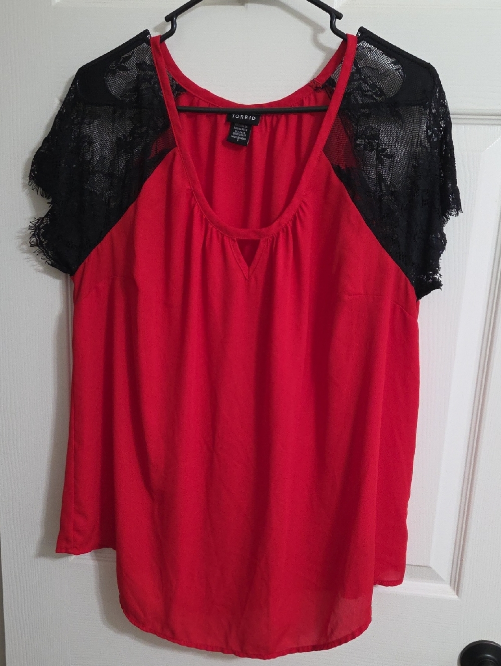 Torrid Size 1- Georgette Red Scoop Neck Top with Black Lace Shoulders